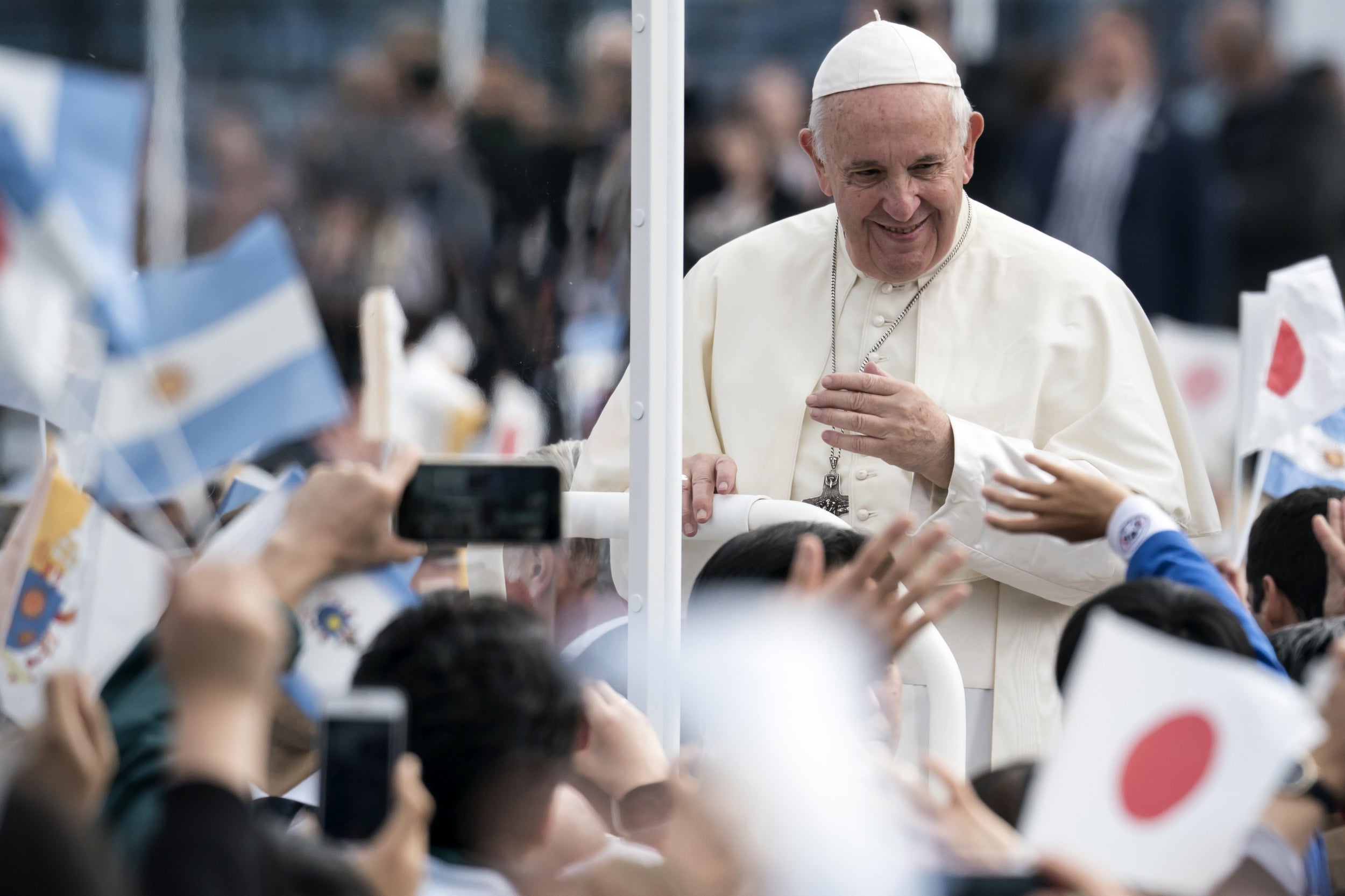 Pope Francis arrives for a Holy Mass at Nagasaki’s baseball stadium (Getty)