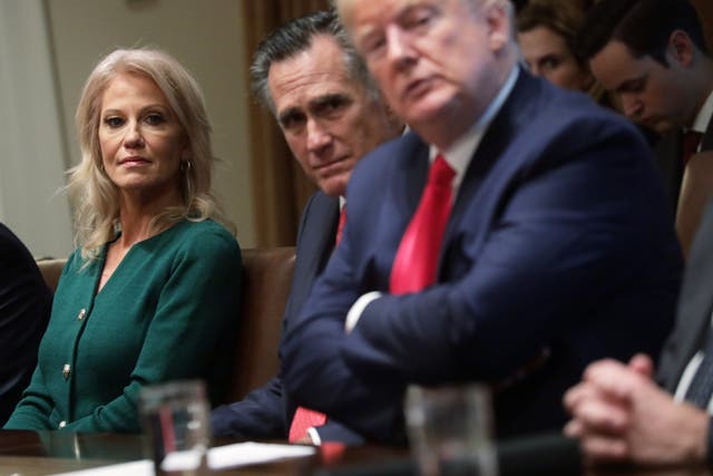 White House senior counselor Kellyanne Conway, Mitt Romney and Donald Trump