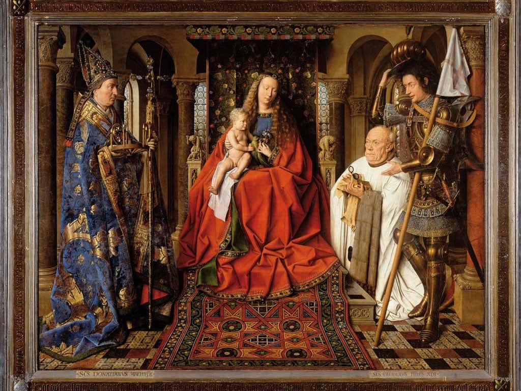 Virgin and Child with Canon van der Paele, another oil-on-oak panel painting by Van Eyck, from around 1434