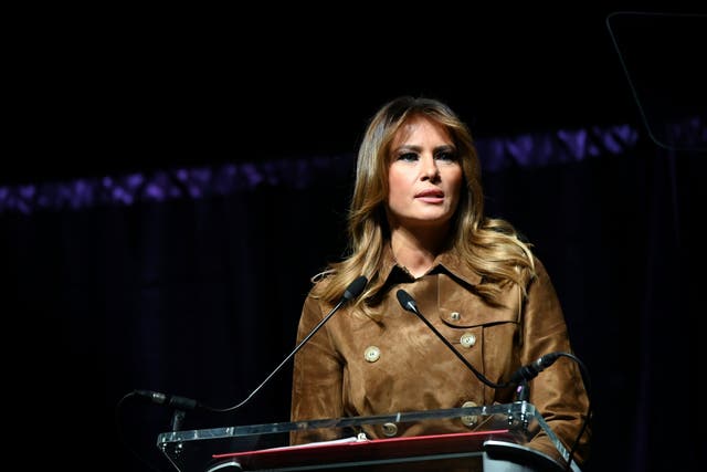 First lady Melania Trump speaking at a youth summit on opioids in Baltimore, where she was booed by sections of the audience