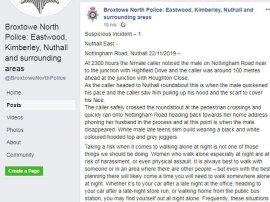 Nottinghamshire police posted advice to women on Facebook following a female caller's report of an incident late at night