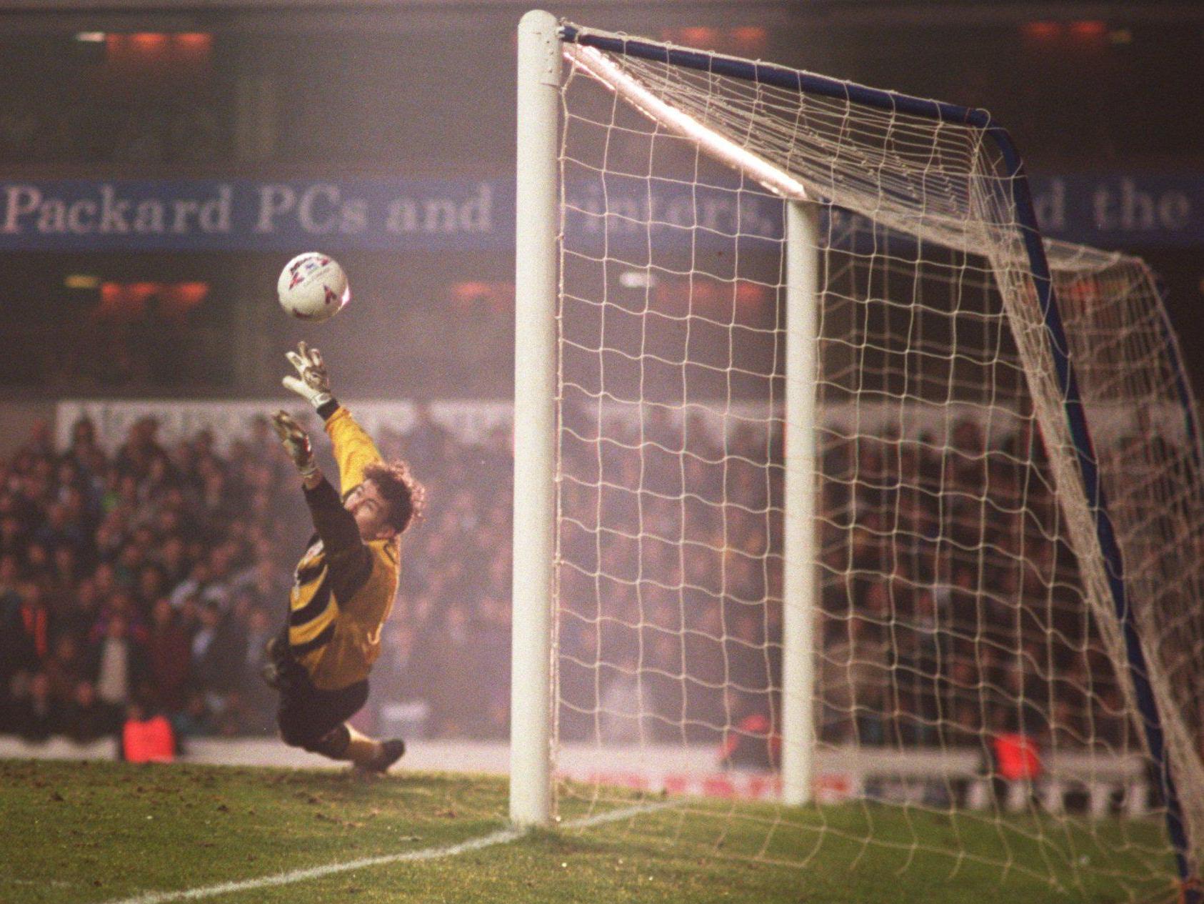 Mark Crossley saves Teddy Sheringham's penalty to put Nottingham Forest through against Tottenham in an FA Cup Fifth round replay in 1996