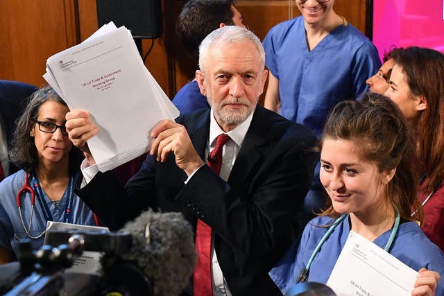 Jeremy Corbyn poses with members of NHS staff as he presents documents related to post-Brexit UK-US Trade talks
