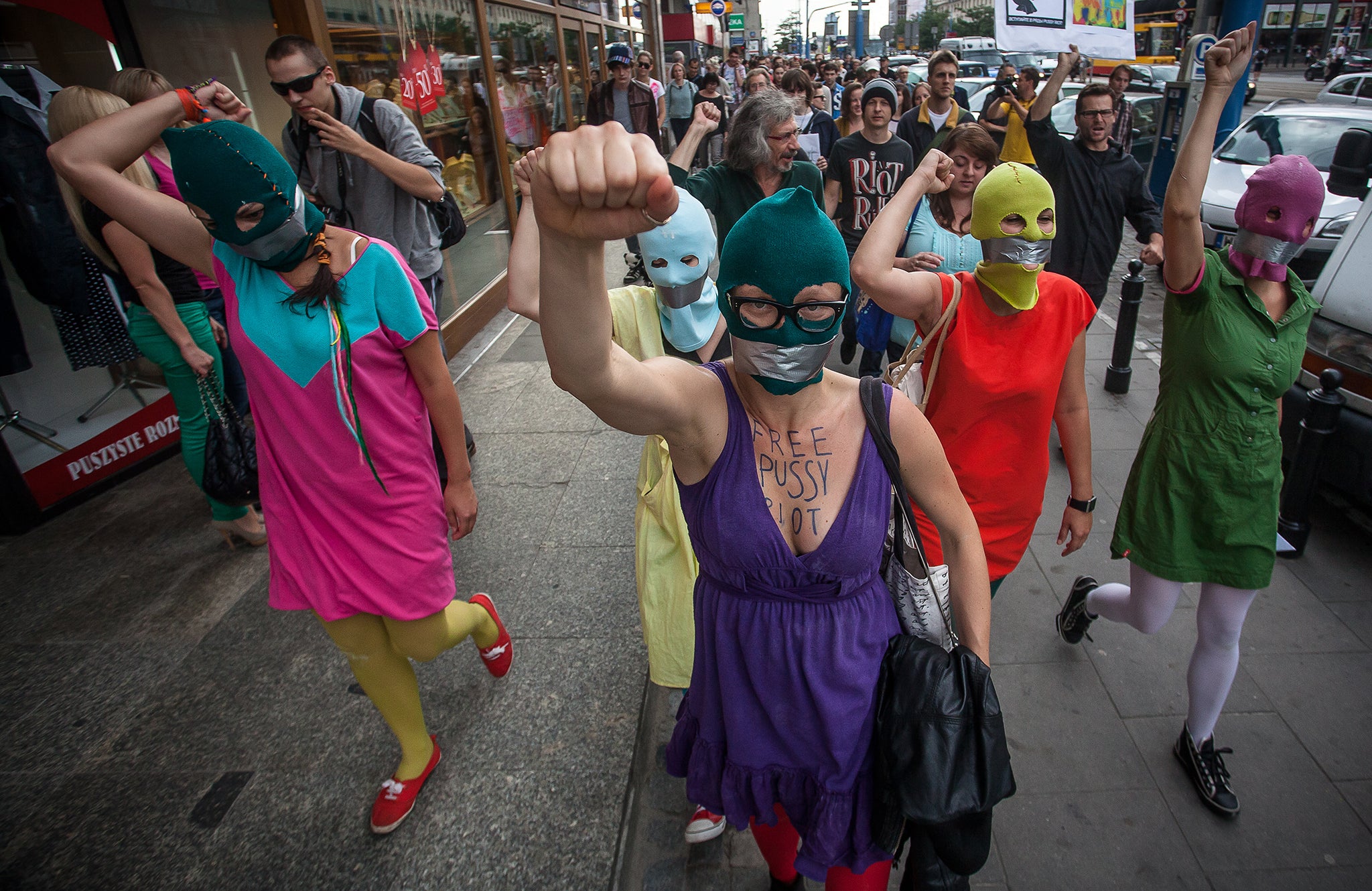 Supporters of the group in Warsaw demonstrating in front of the Russian embassy during the sentencing hearing in Moscow