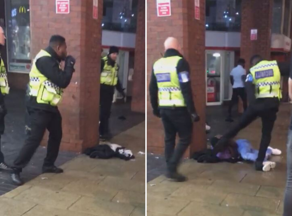 Still image from video shared on social media of security guard kicking young man outside McDonald's restaurant in Leeds city centre, 26 November, 2019.