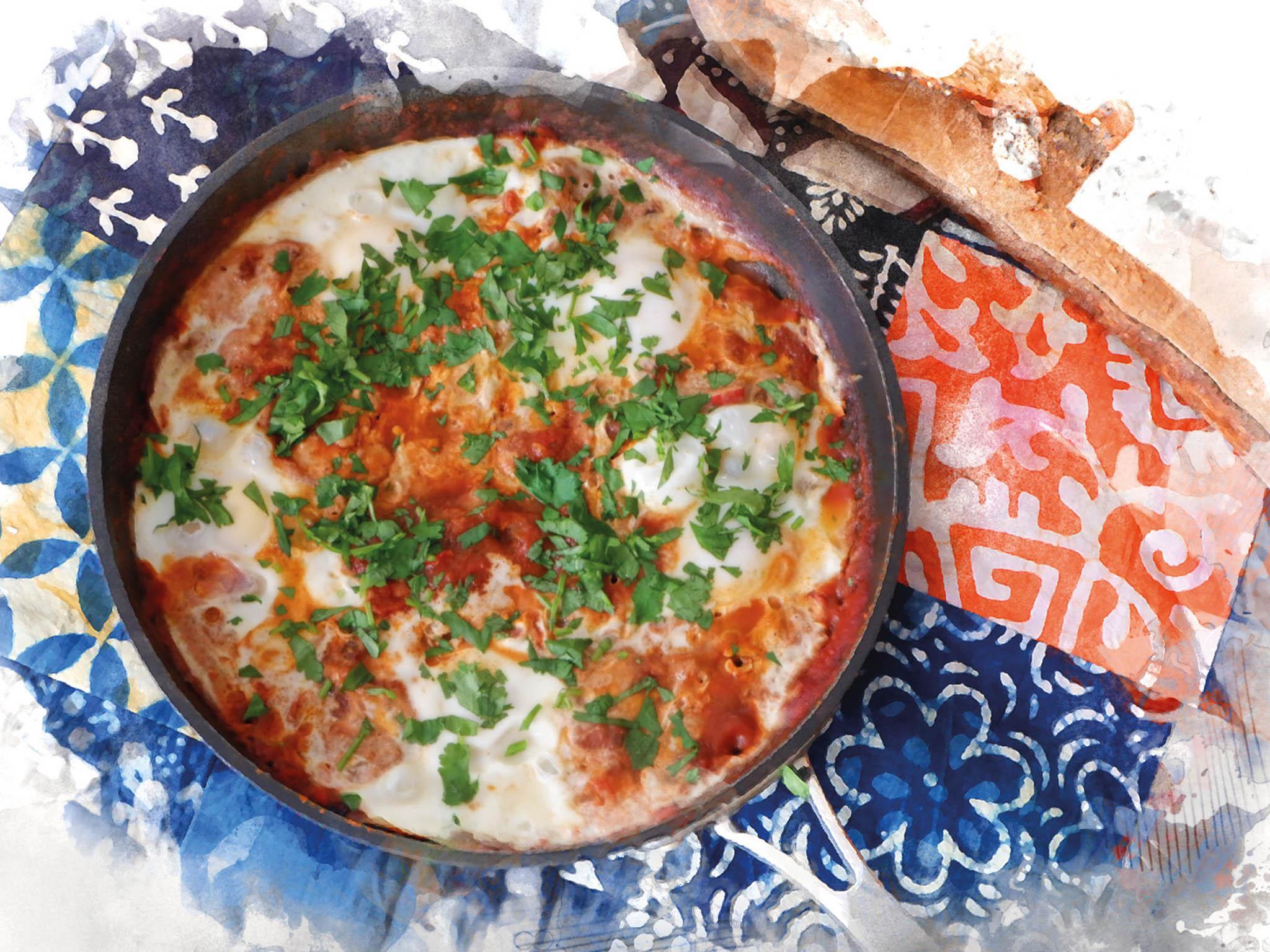 Shakshuka combines poached eggs and tomatoes with a kick of chilli