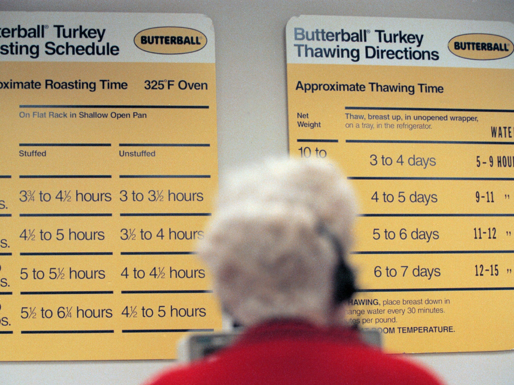 Signs displaying optimal thawing times surround Butterball headquarters