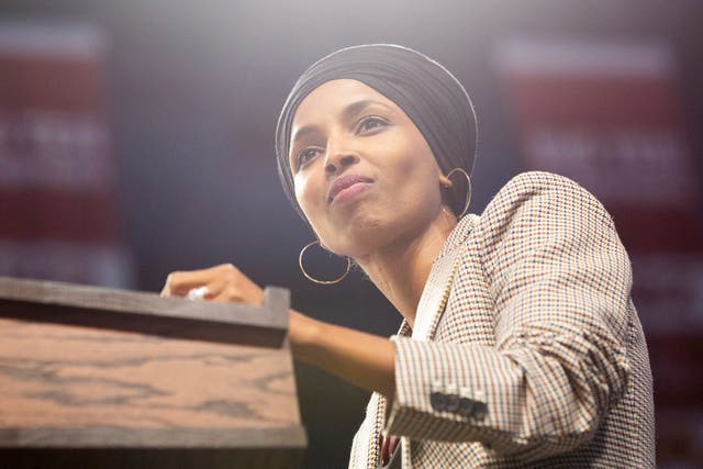 Ilhan Omar introduces Bernie Sanders at a rally in Minneapolis