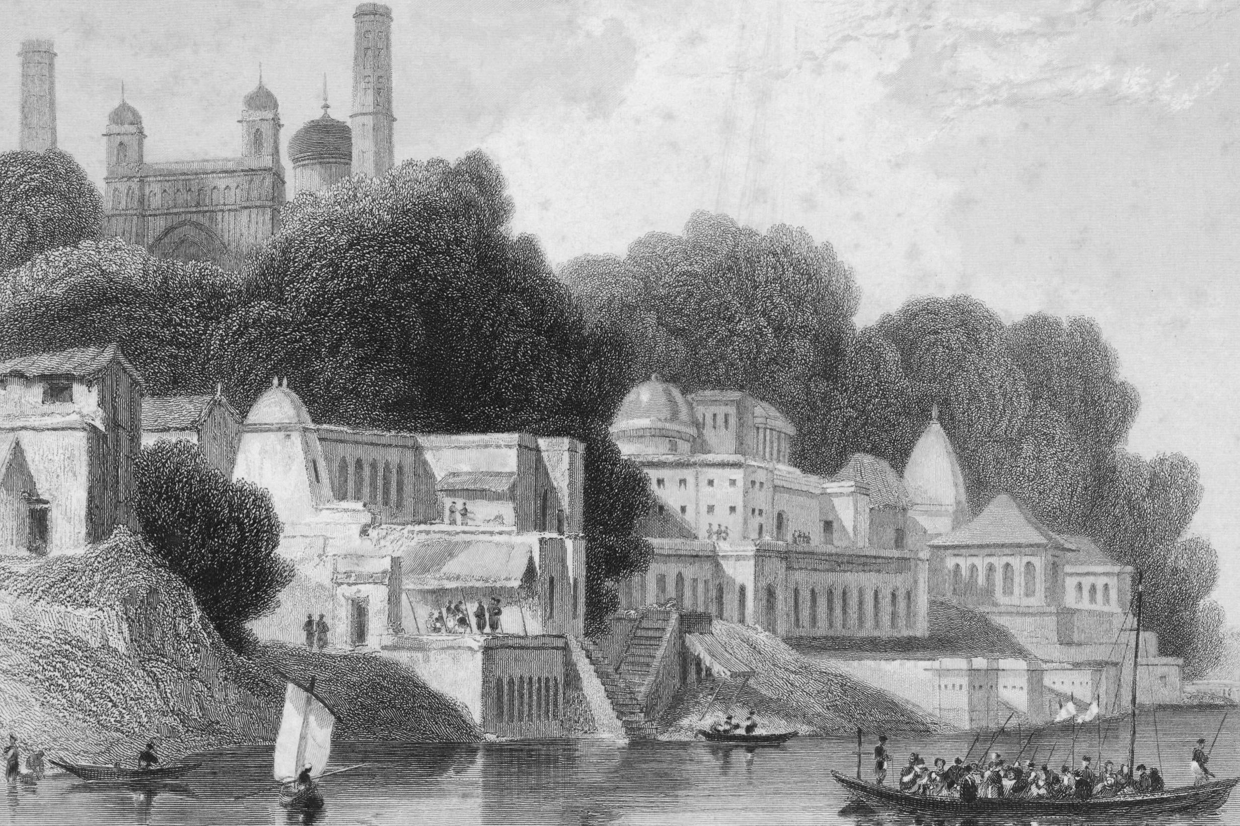 An engraving of a town on the Ghaghara River in Oudh (Getty)