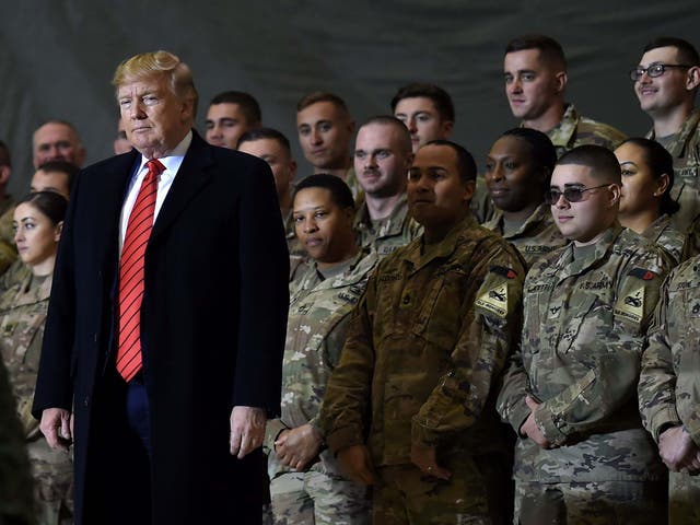 US president Donald Trump speaks to the troops during a surprise Thanksgiving day visit at Bagram Air Field in Afghanistan