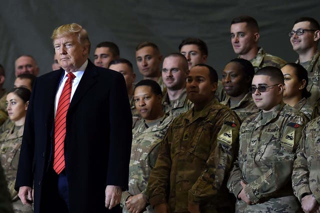 US president Donald Trump speaks to the troops during a surprise Thanksgiving day visit at Bagram Air Field in Afghanistan
