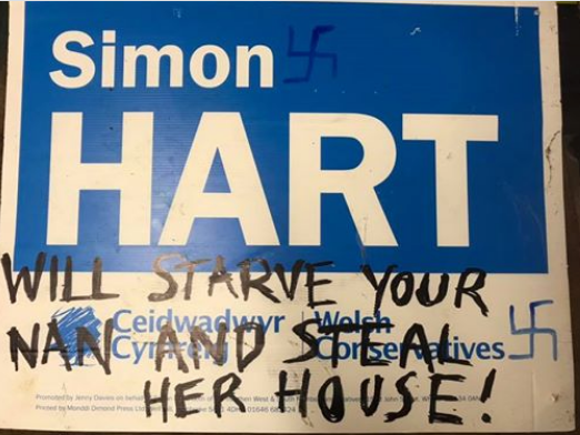 Simon Hart put this photograph on his Facebook page on 3 November this year. The same sign had been vandalised, but did not have swastikas on it when photographed in 2017