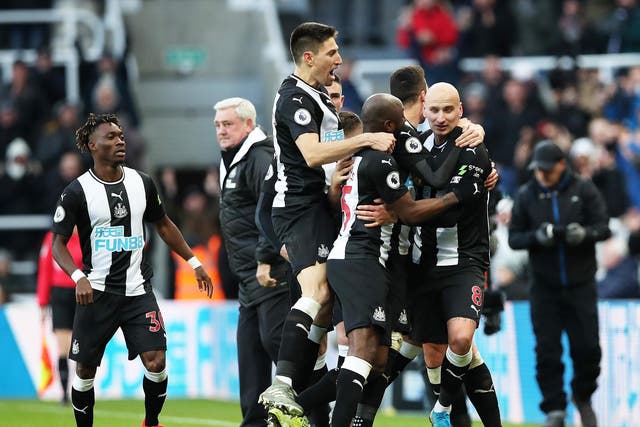 Jonjo Shelvey celebrates with teammates after scoring a late equaliser for Newcastle