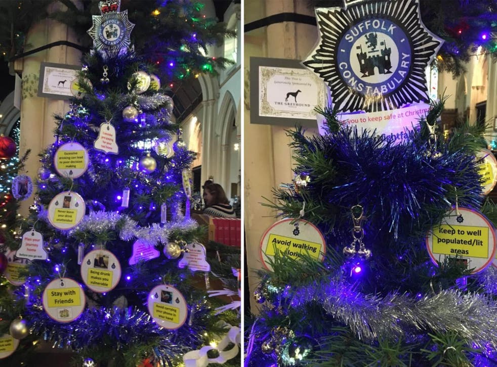 The tree, which is decorated with safety advice, is part of a church festival