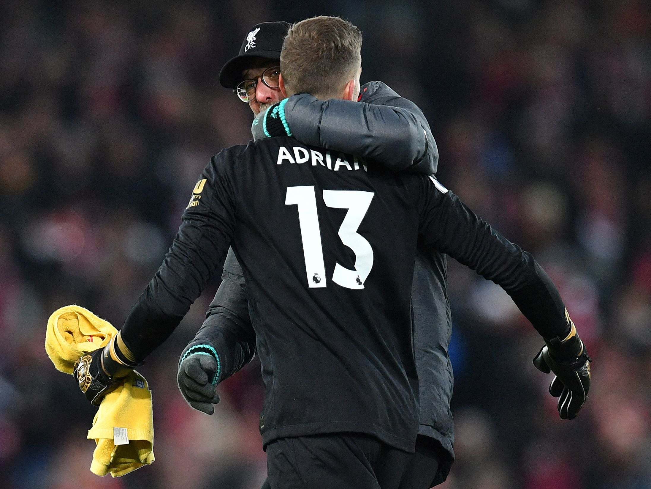 Adrian celebrates with Jurgen Klopp