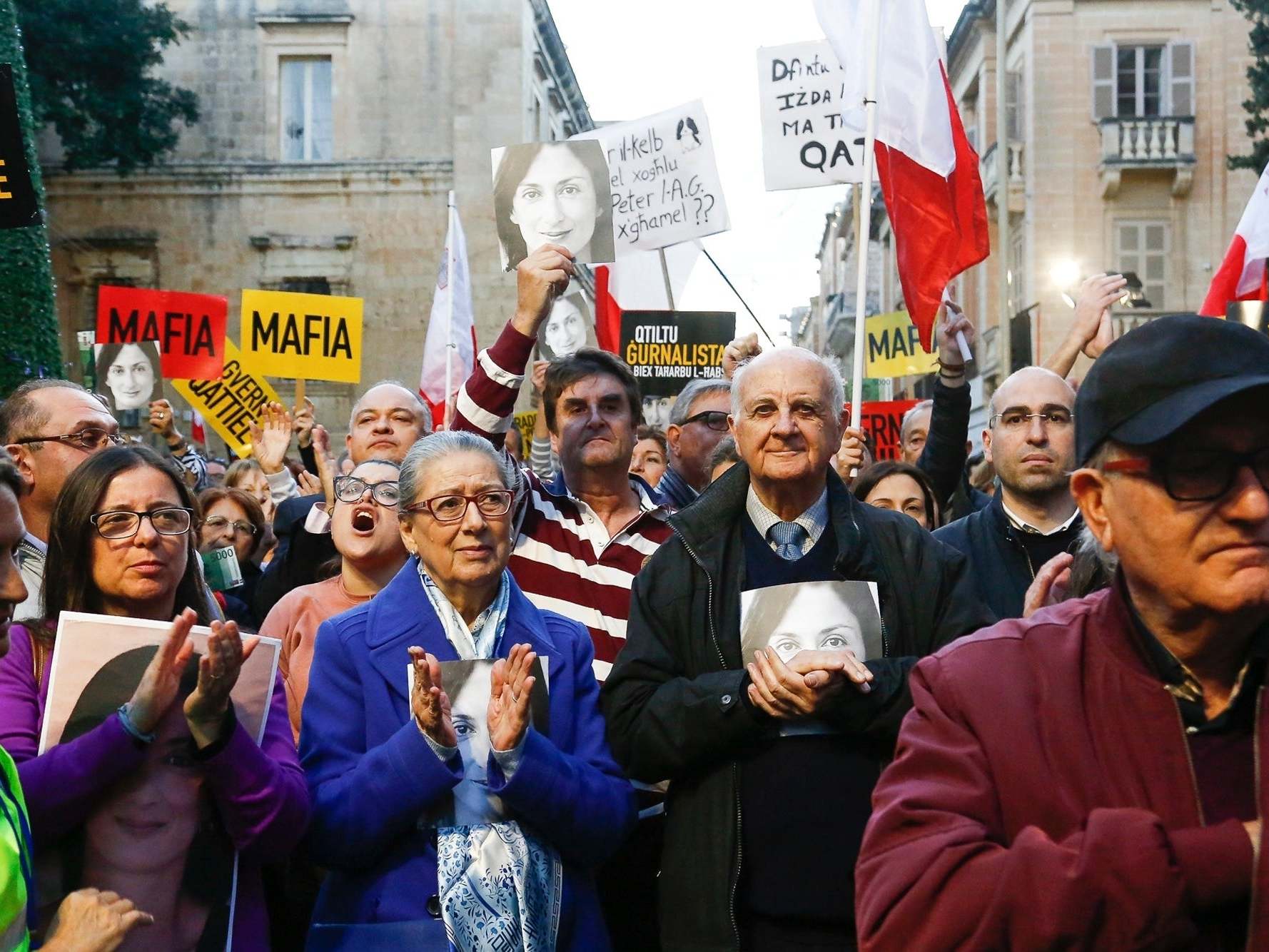 Ms Caruana Galizia's parents, Rose and Michael Vella,at the protest calling for justice