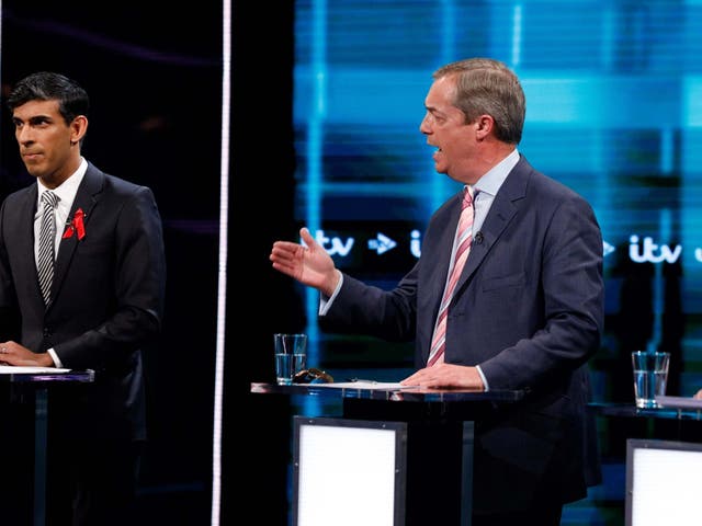 Conservative Rishi Sunak and Nigel Farage during the live election debate