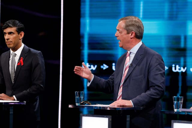 Conservative Rishi Sunak and Nigel Farage during the live election debate