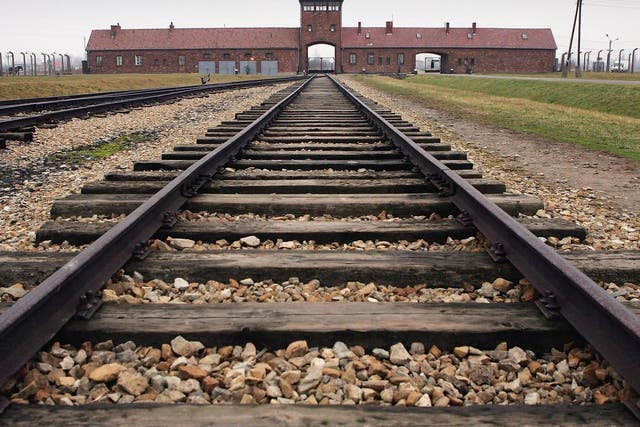 The railway tracks leading to the main gates at Auschwitz II - Birkenau seen 10 December 2004