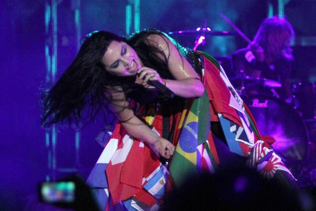 Evanescence's Amy Lee performs during a concert in Asuncion
