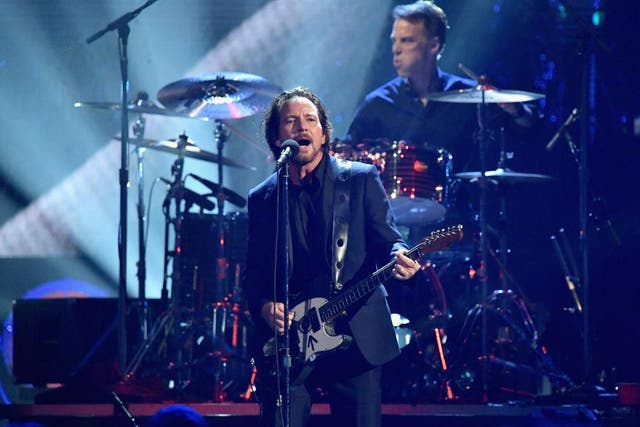 Eddie Vedder of Pearl Jam performing at the 32nd annual Rock and Roll Hall of Fame induction ceremony