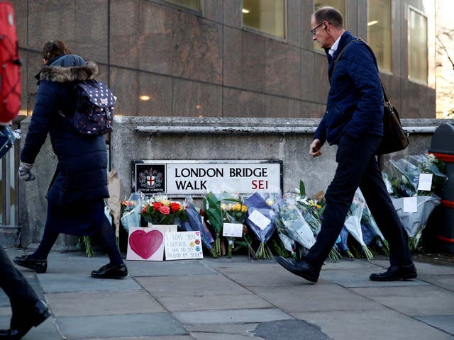 Flowers and messages are left at the scene of last November’s terror attack on London Bridge