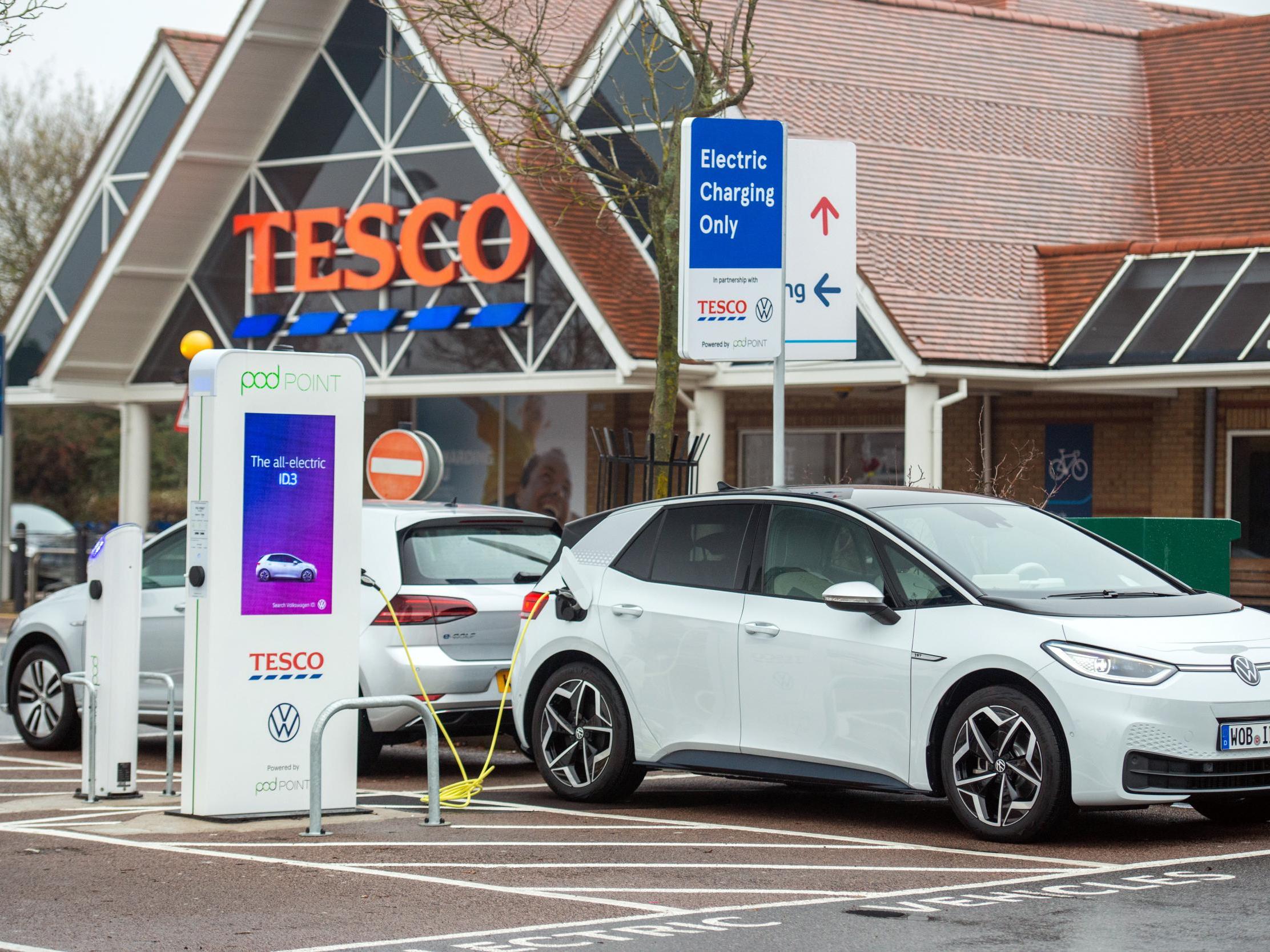 The electric Volkswagen ID.3 being charged in the UK for the first time at Potters Bar Tesco in Hertfordshire