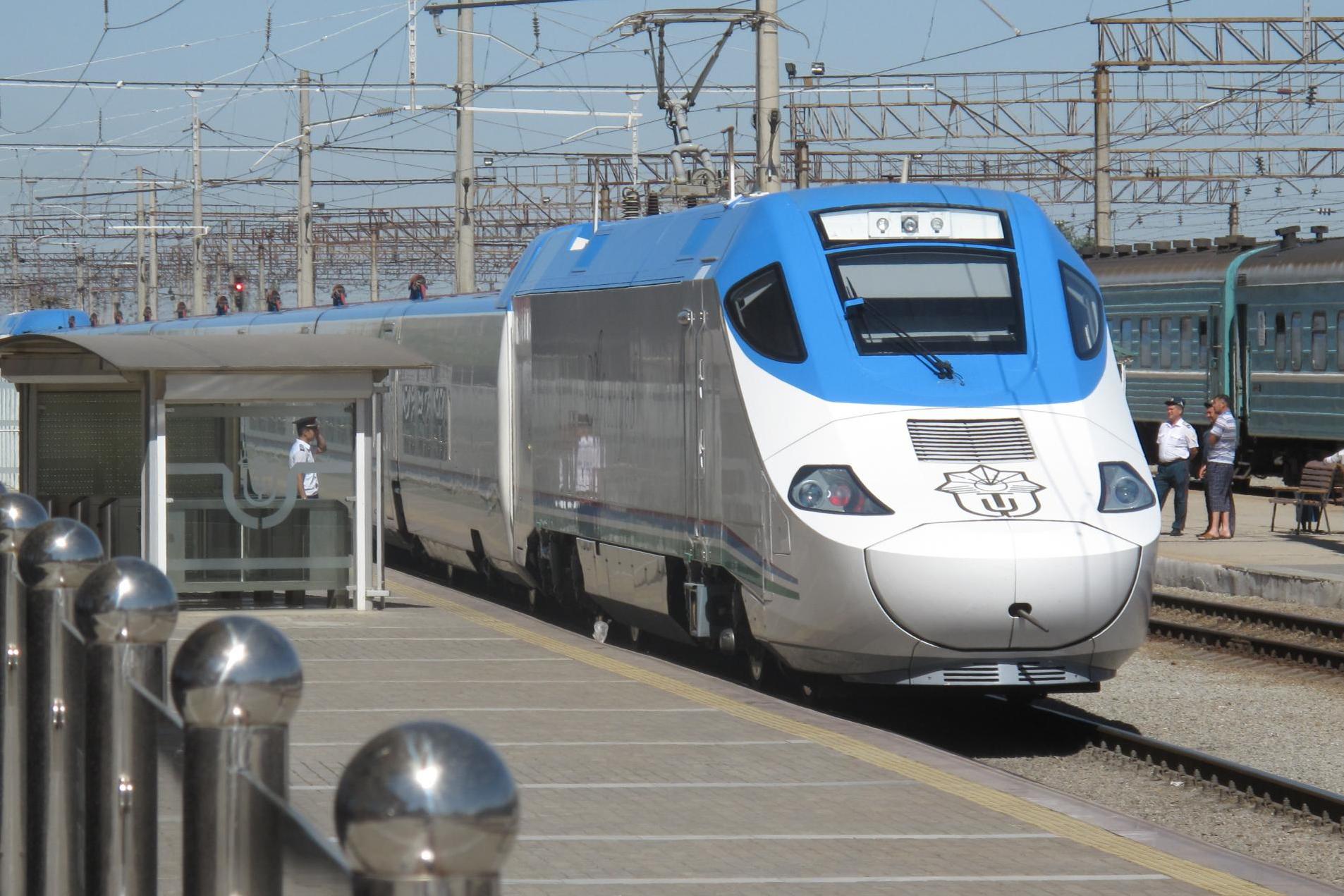 Silk railroad: the Afrosiyob train from Tashkent arriving in Samarkand