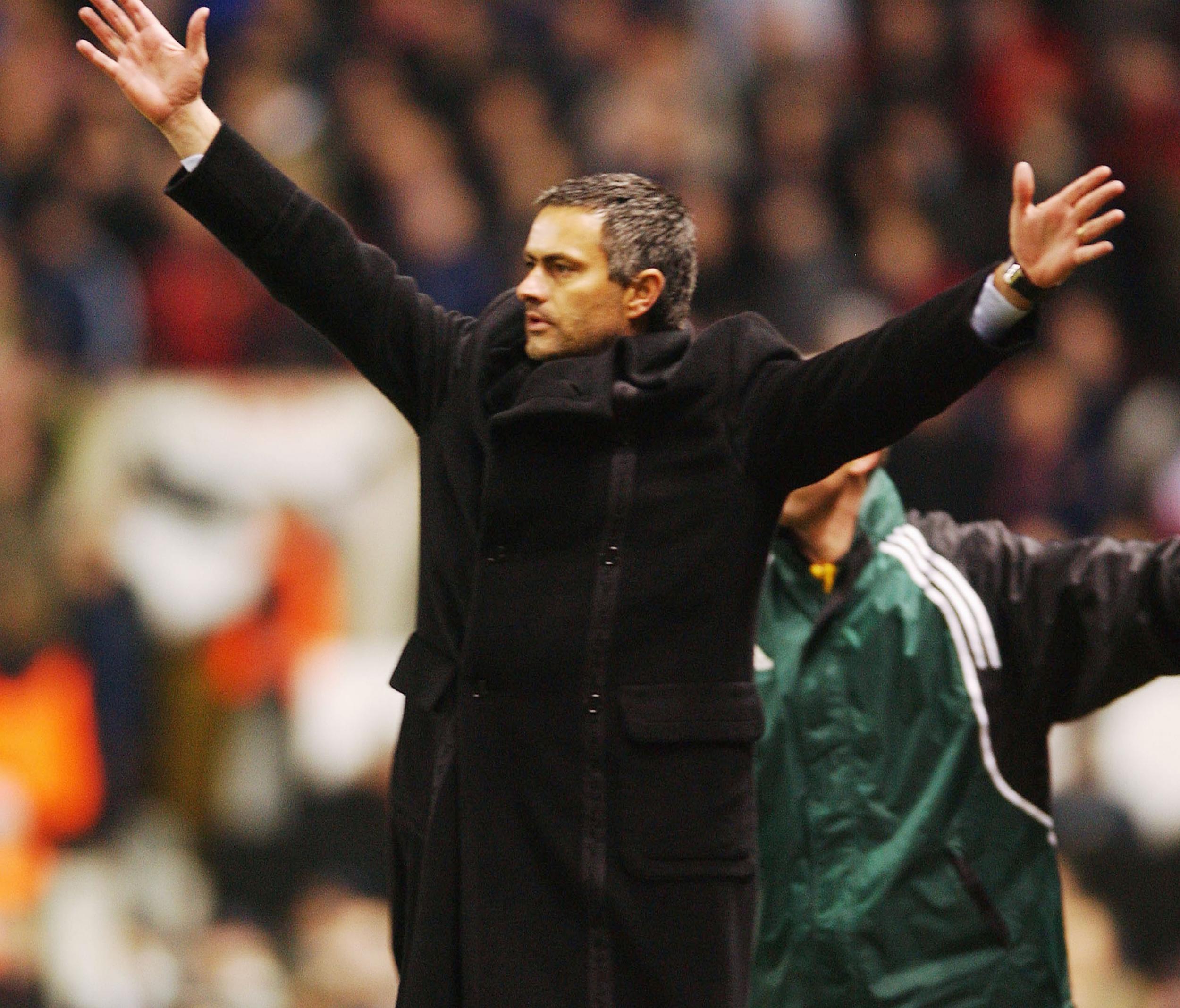 Jose Mourinho celebrates as the full-time whistle goes