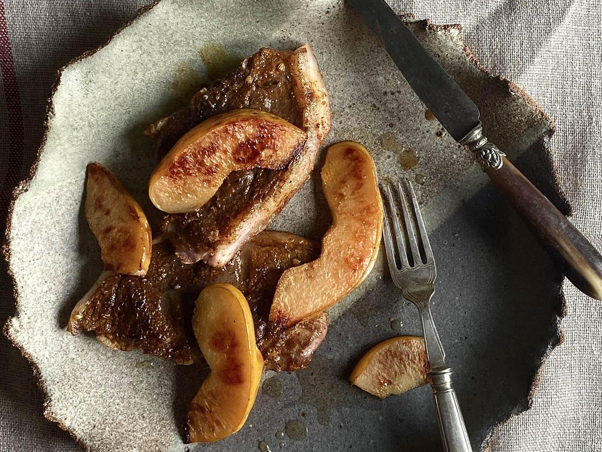 How to make spice-rubbed lamb steaks with poached and roasted quince