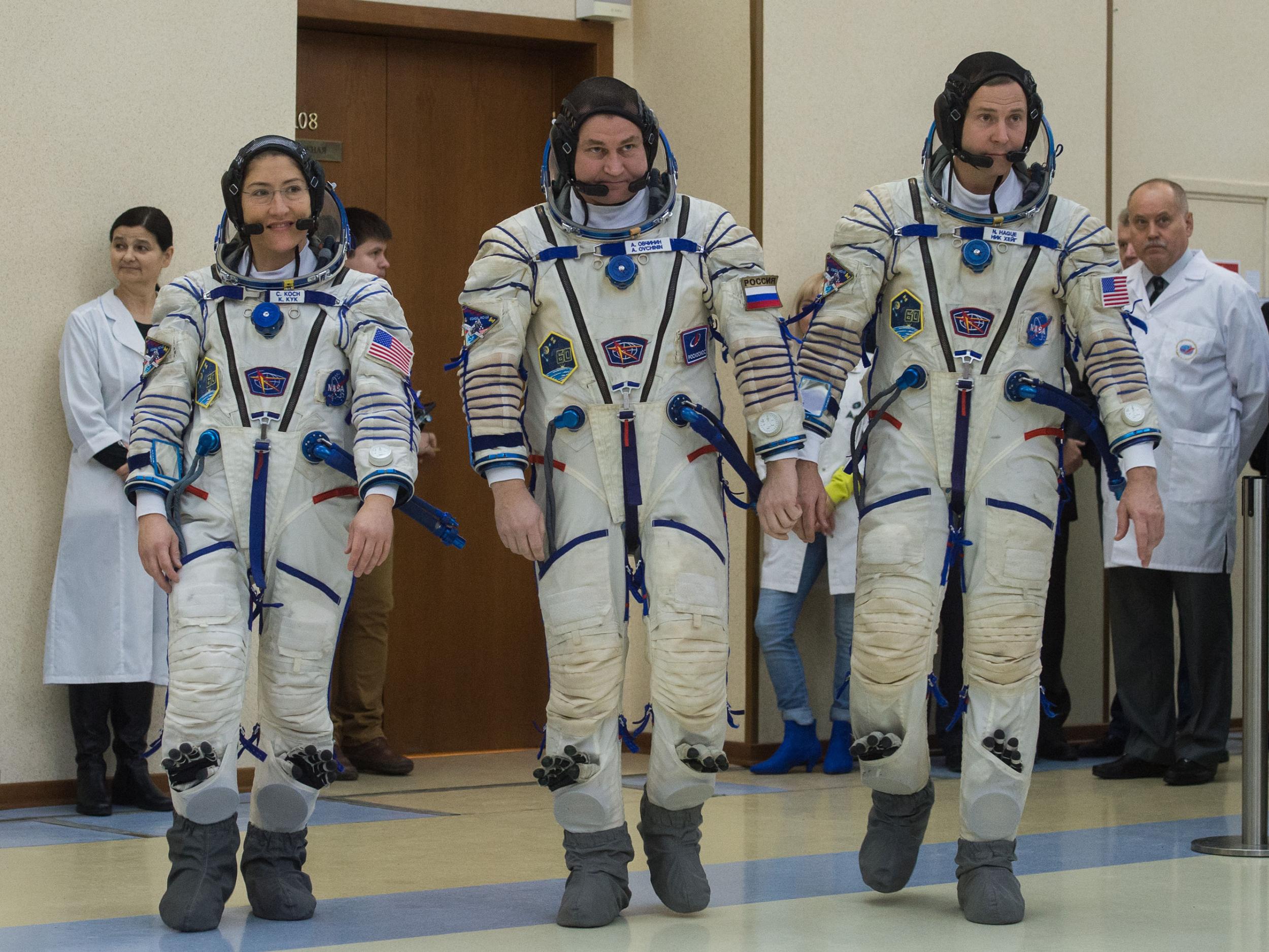 Members of the International Space Station expedition 59/60: Christina Koch, Nick Hague and cosmonaut Alexey Ovchinin