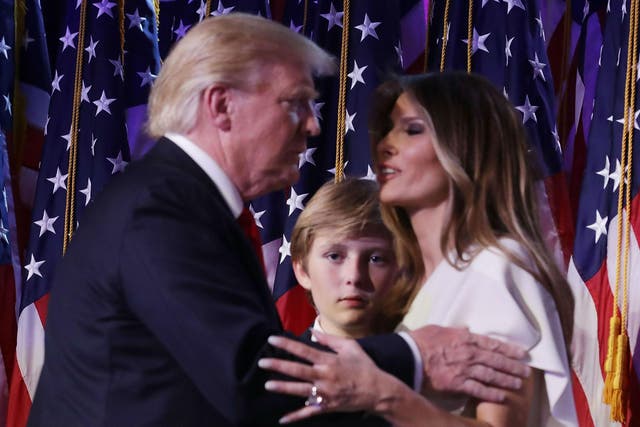 The president-elect appears before jubilant supporters with his family in the early hours of 9 November 2016