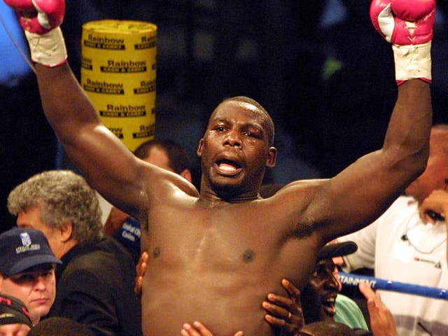 Hasim Rahman celebrates his victory over former champion Lennox Lewis