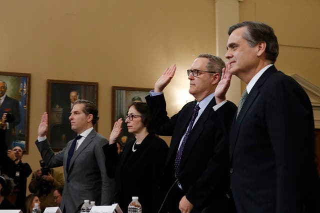 Constitutional experts are sworn in before giving evidence in the impeachment hearings into Donald Trump at the House Judiciary Committee: (left to right) Noah Feldman, Pamela Karlan, Michael Gerhardt and Jonathan Turley