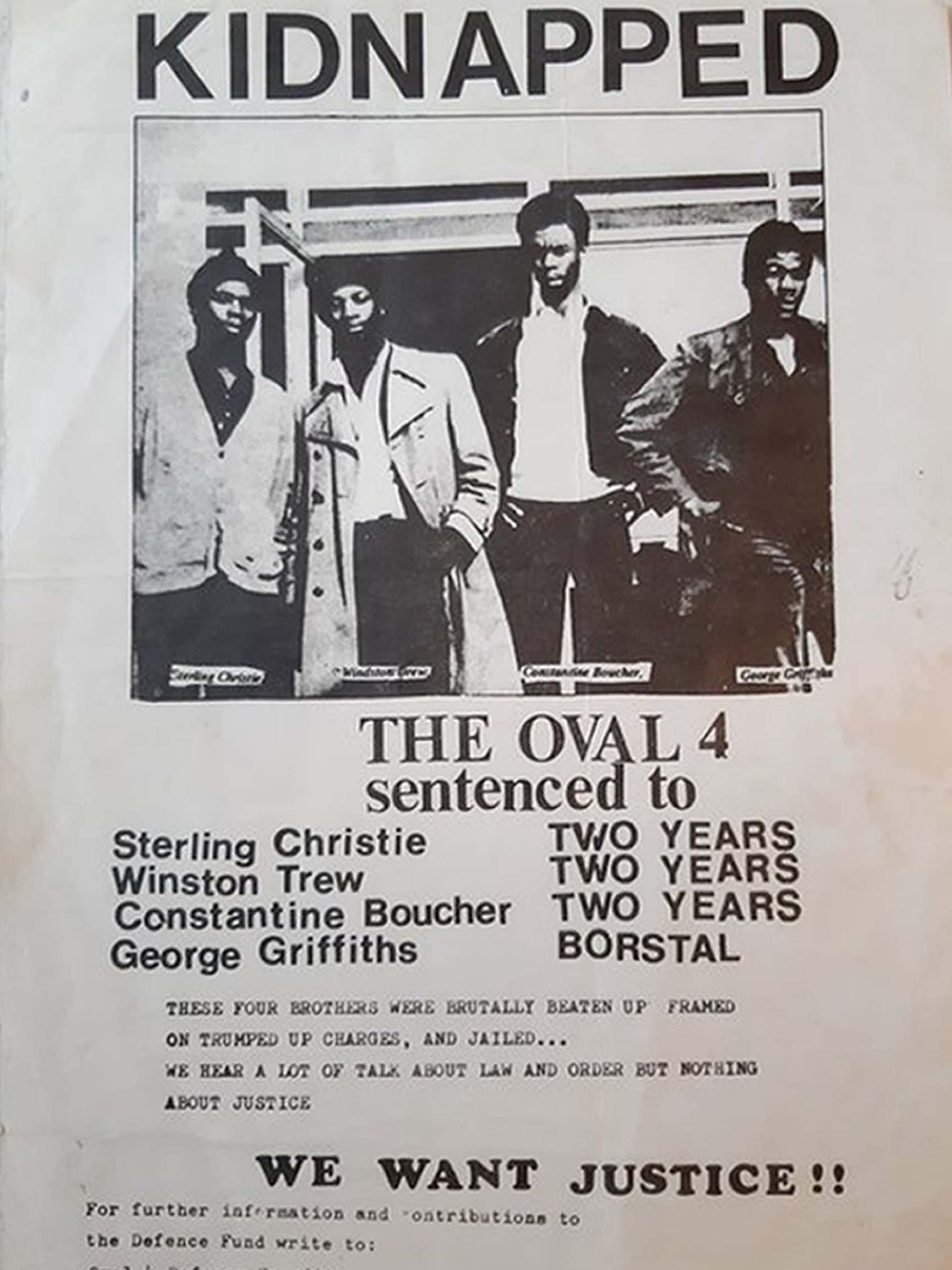 A poster calling for justice for Winston Trew, Sterling Christie and George Griffiths who served jail terms for a mugging in the 1970s