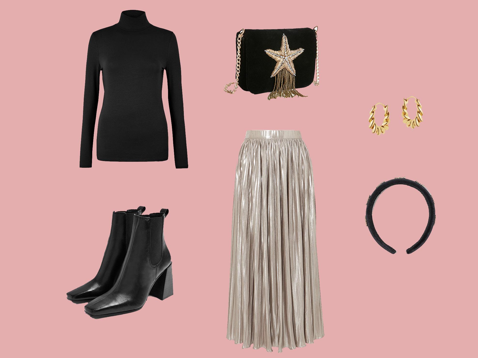 Cotton Rich Fitted Top, £8.50, Marks &amp; Spencer; Saloni Camille Pleated Metallic Jersey Skirt, £250, Net-a-Porter; Harbour Black Chelsea Boots, £65, Topshop; Beaded Velvet Crossbody Bag, £35, &amp; Other Stories; Padded Sparkly Alice Band, £9.99, H&amp;M, Gold Mini Tidal Hoops, £75, Missoma