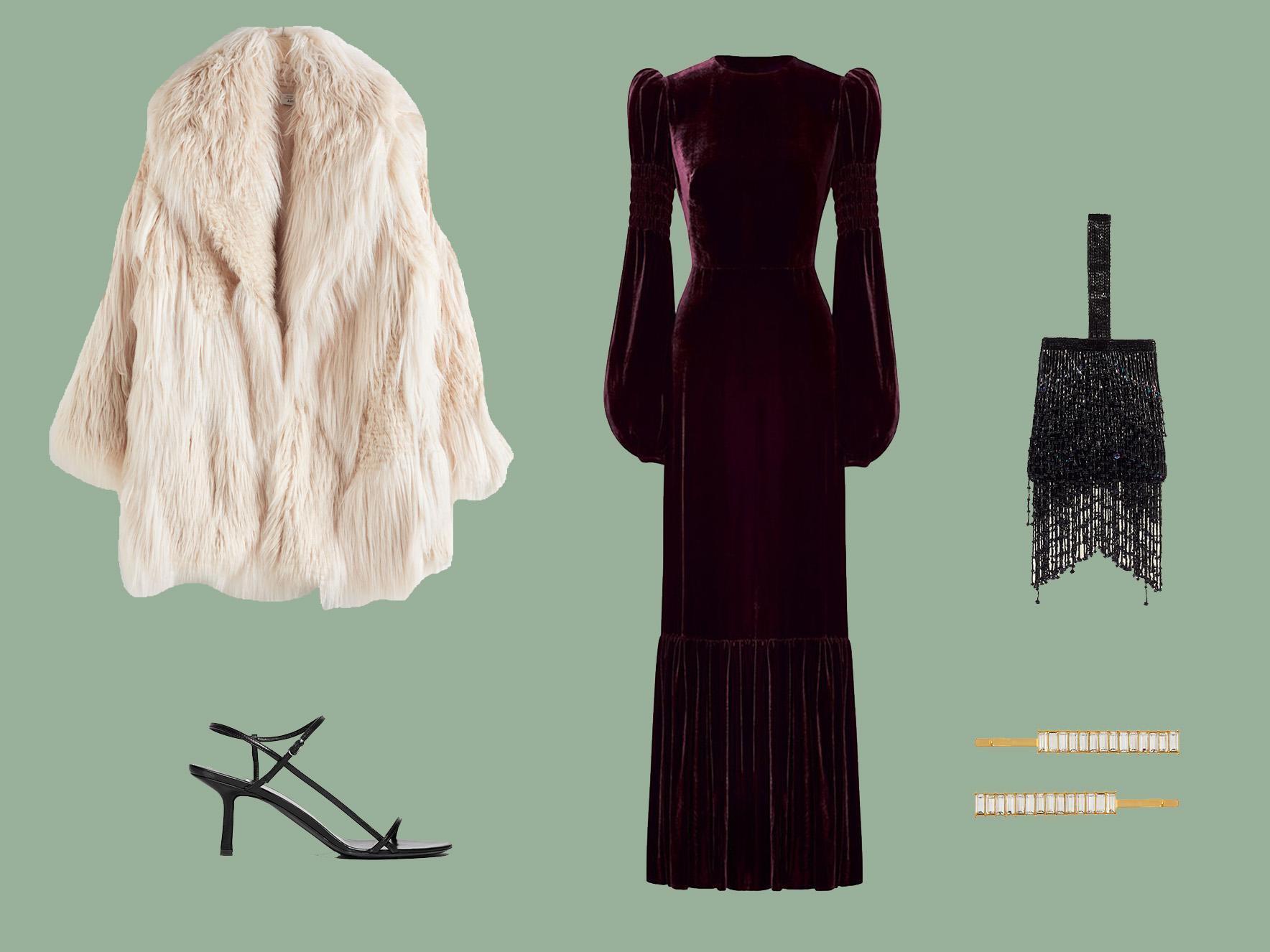 The Peacock Dress, £1,195, The Vampires Wife; The Row’s Bare Mid-Heel Leather Sandals, £650, Matches Fashion; Oversized Shaggy Faux Fur Coat, £165, &amp; Other Stories; Baguette Crystal Hair Slides, £8, Accessorize; Beaded Jellyfish Bag, £79, Jigsaw