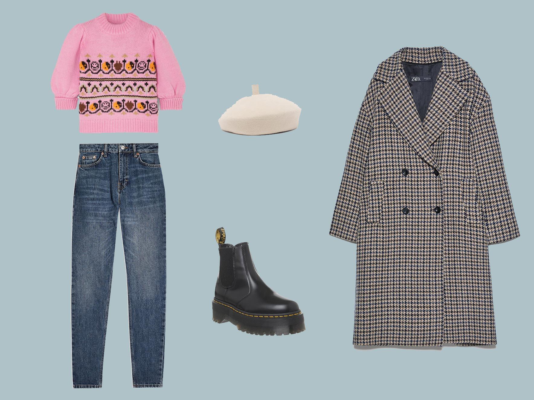 Ganni Intarsia Wool and Alpaca-Blend Sweater, £370, Net-a-Porter; Rich Blue Mom Jeans, £40, Topshop; Check Coat, £99.99, Zara; Dr Martens Quad Chelsea Boots, £169, Office; Lola Hats Frenchy Felt Beret, £325, Matches Fashion