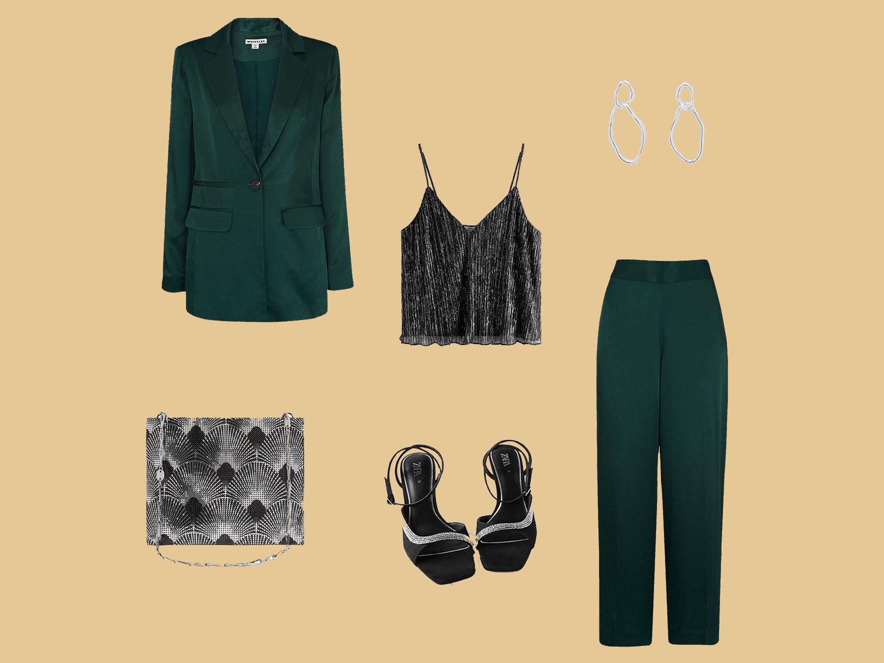 Satin Single Breasted Blazer, £159 &amp; Satin Cropped Trouser, £129, Whistles; Glitter Spaghetti Strap Tank Top, £29, &amp; Other Stories; Sandals with Rhinestone Strap, £39.99, Zara; Paco Rabanne, 1969 Chainmail Shoulder Bag, £675, Net-a-Porter; Uneven Earrings, £19, Cos Stores