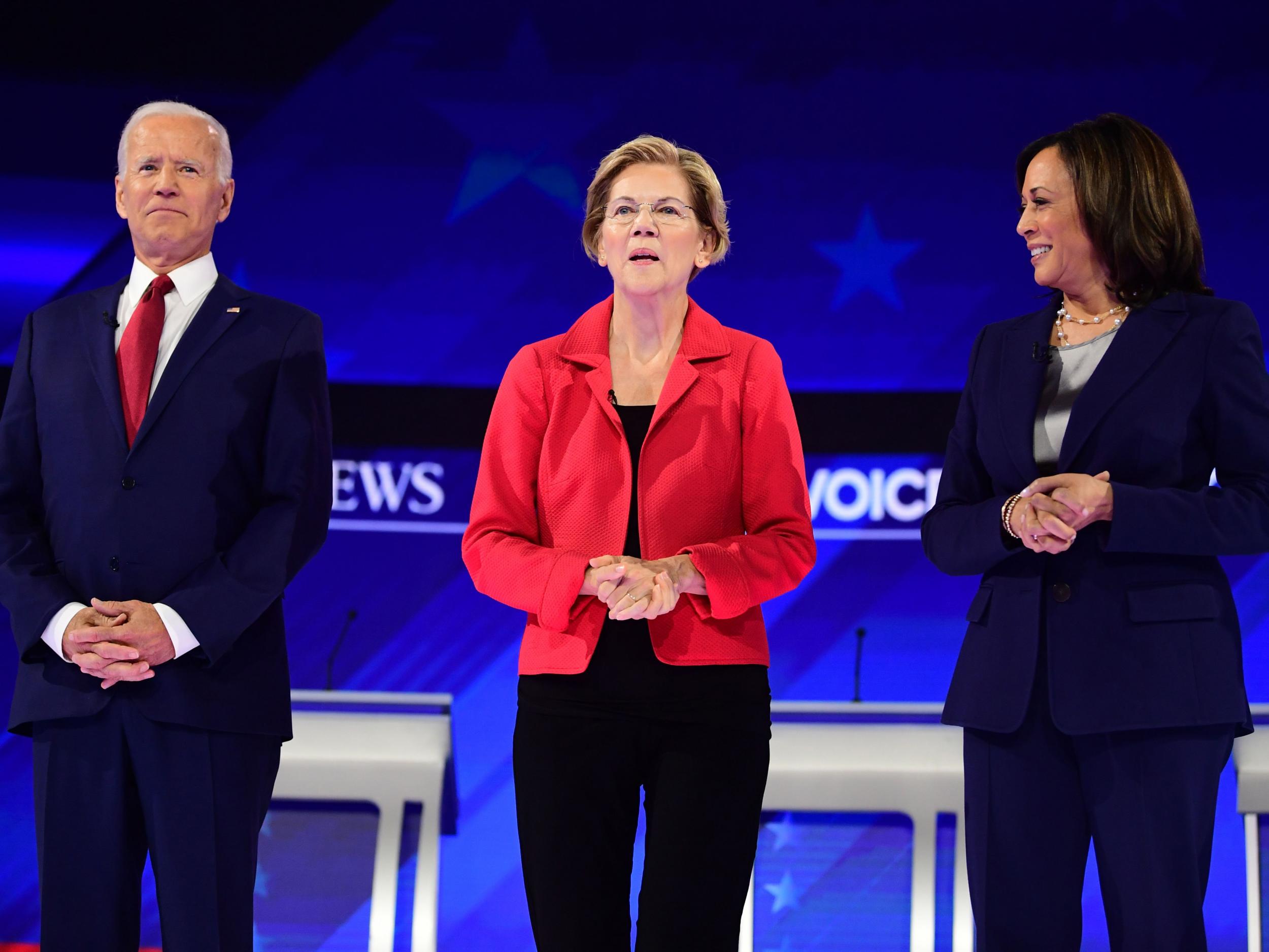 Democratic presidential hopefuls (L-R) Joe Biden, Elizabeth Warren and Kamala Harris