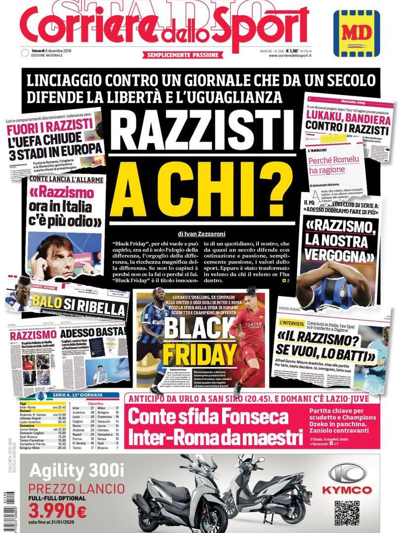 Italian newspaper Corriere dello Sport denies racism and claims &apos;lynching&apos; over &apos;Black Friday&apos; front page