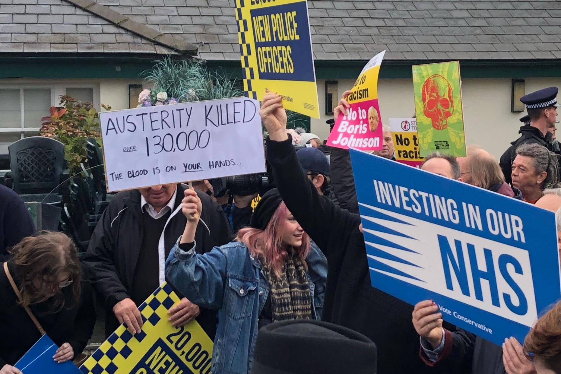 The anti-Boris Johnson protesters, surrounded by Tory supporters
