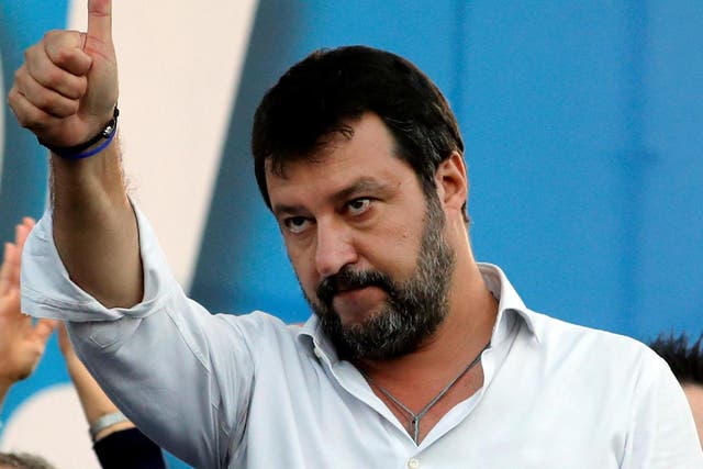 League party leader Matteo Salvini gestures during an anti-government demonstration in Rome
