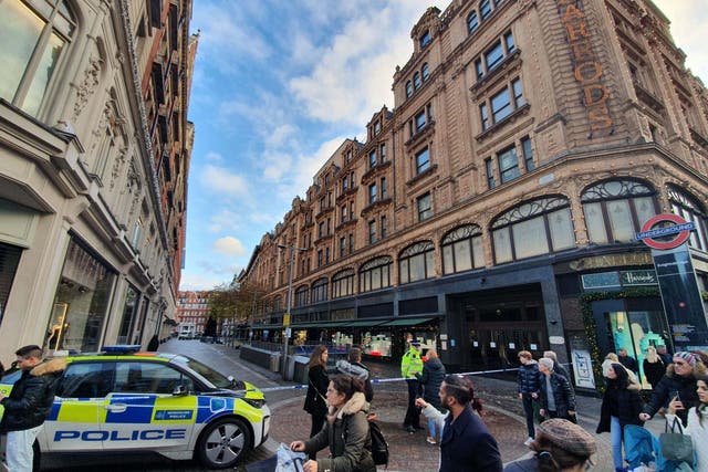 The scene in Knightsbridge, where a murder investigation has begun after a man was knifed to death near Harrods department store in a suspected robbery