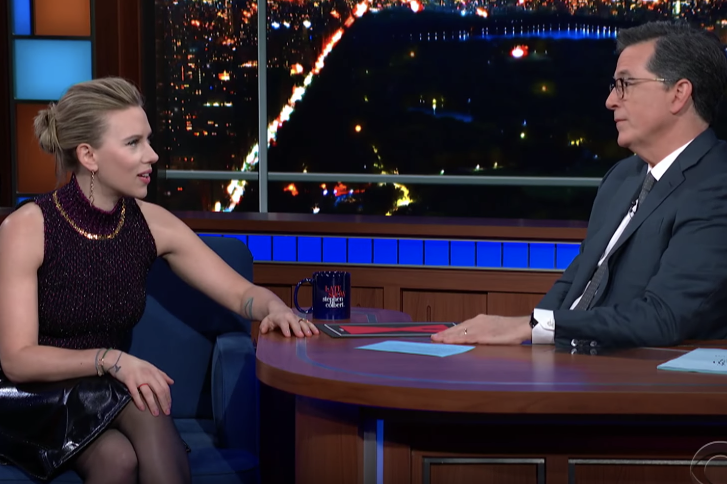 Scarlett Johansson is interviewed on The Late Show with Stephen Colbert.