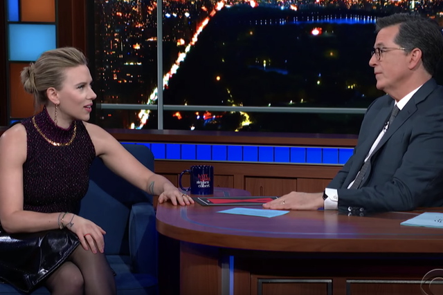 Scarlett Johansson is interviewed on The Late Show with Stephen Colbert.