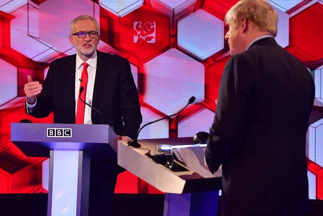 Labour leader Jeremy Corbyn (left) and Conservative leader Boris Johnson go head to head during a BBC election debate, 6 December 2019.