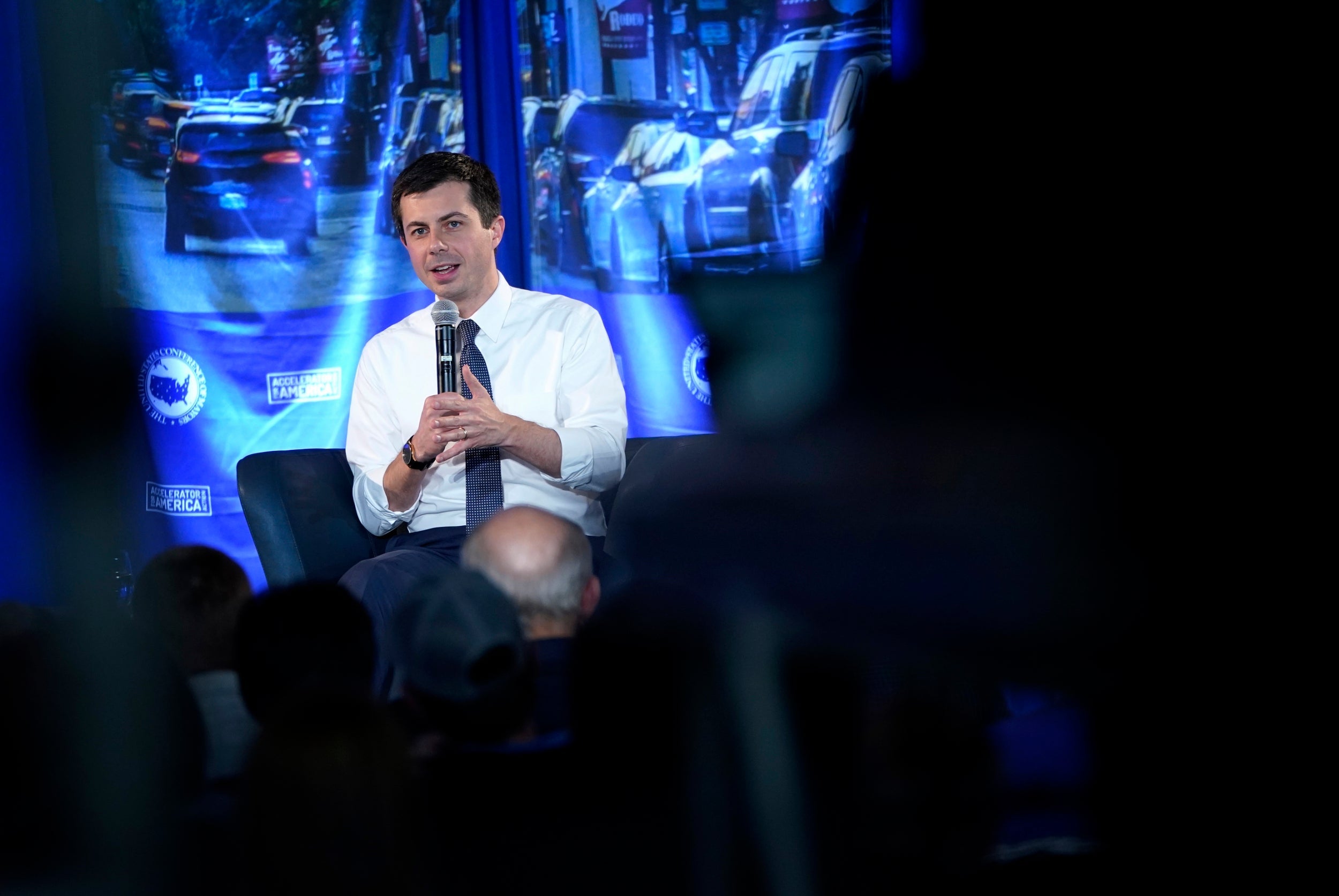 Pete Buttigieg speaking at the US Conference of Mayors Iowa Starting Line forum in Waterloo, Iowa