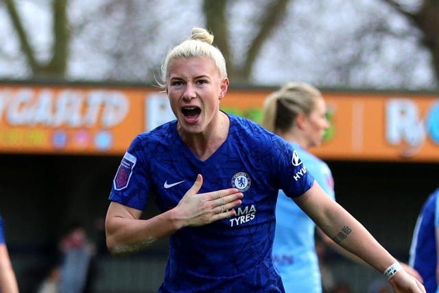 Beth England celebrates after scoring for Chelsea