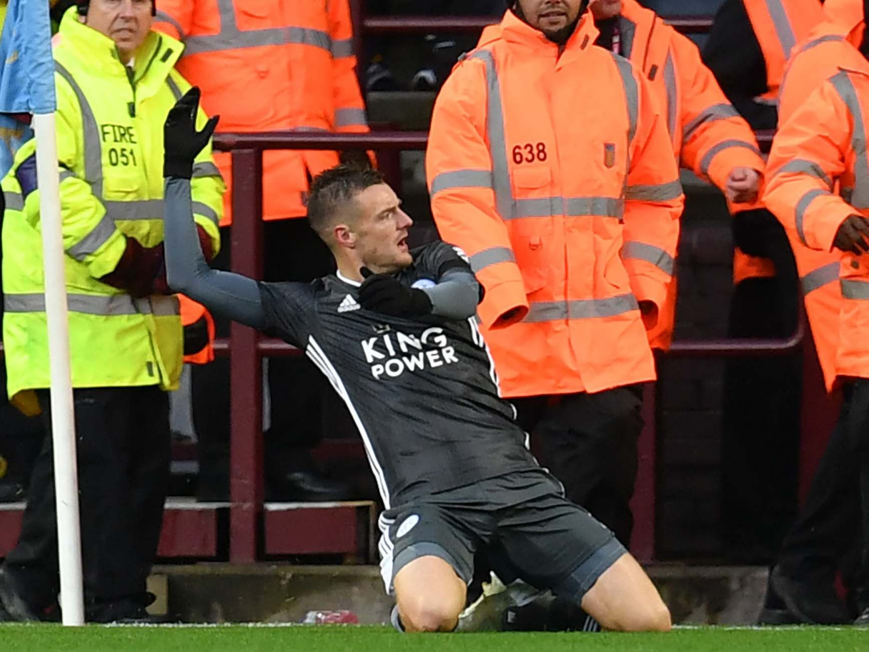 Jamie Vardy celebrates at Aston Villa